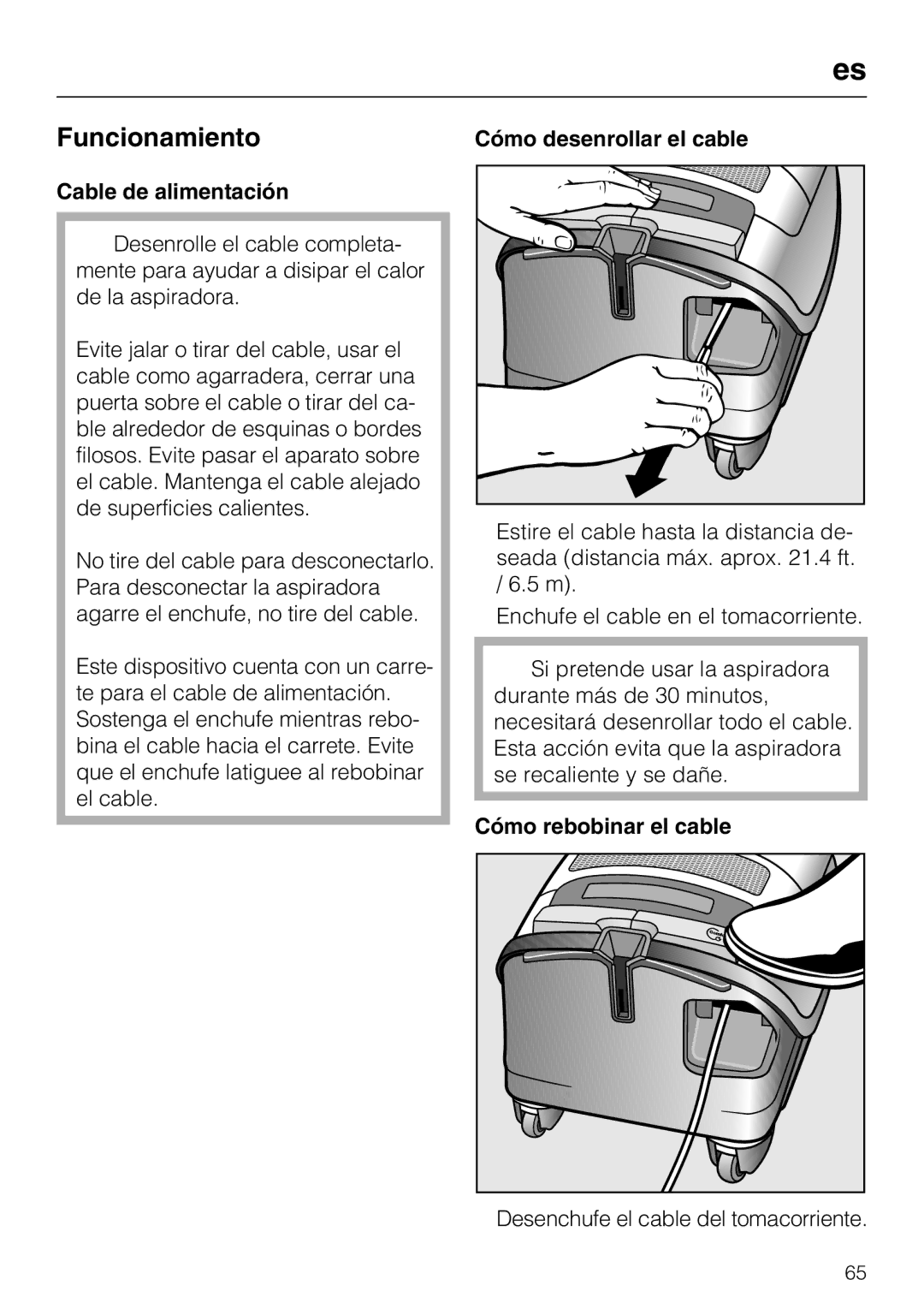 Miele S 8370, S 8380, S 8390 manual Cable de alimentación, Cómo desenrollar el cable, Cómo rebobinar el cable 