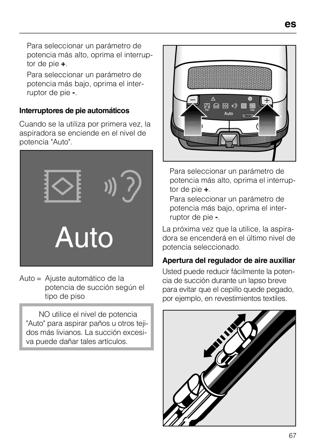 Miele S 8390, S 8380, S 8370 manual Interruptores de pie automáticos, Apertura del regulador de aire auxiliar 