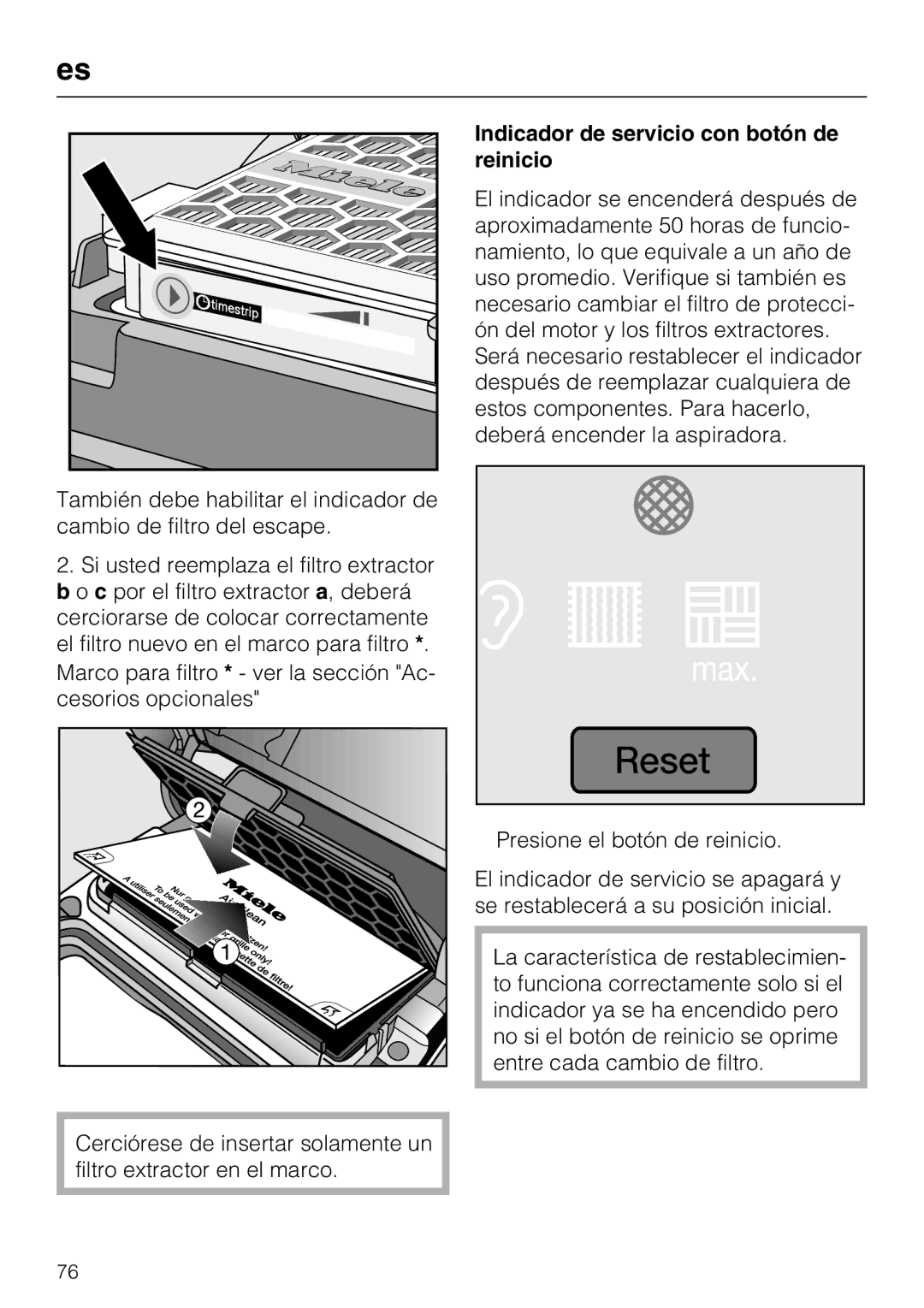 Miele S 8390, S 8380, S 8370 manual Indicador de servicio con botón de reinicio 