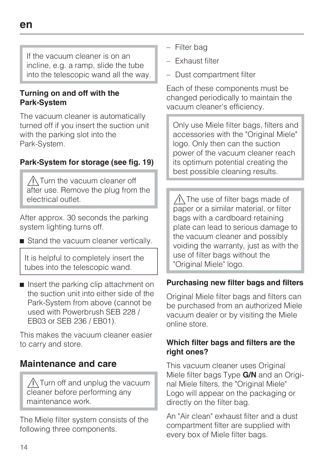 Miele S 8900 manual Maintenance and care, Turning on and off with Park-System, Park-System for storage see fig 