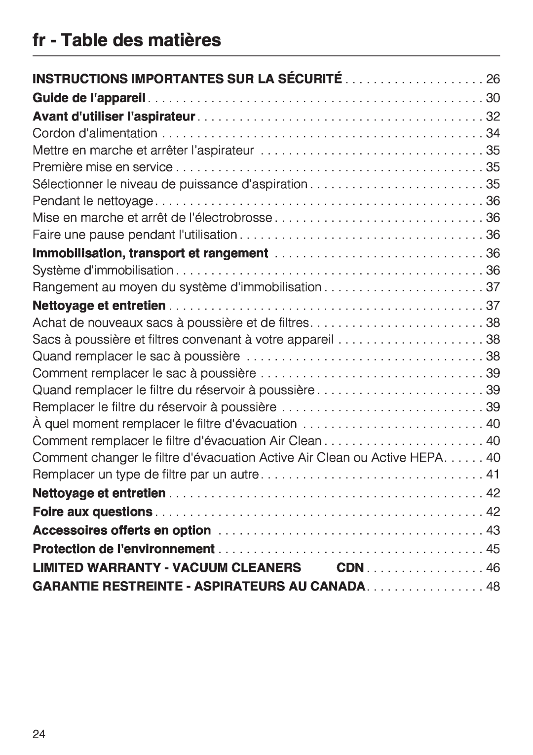Miele S 8900 manual fr - Table des matières 