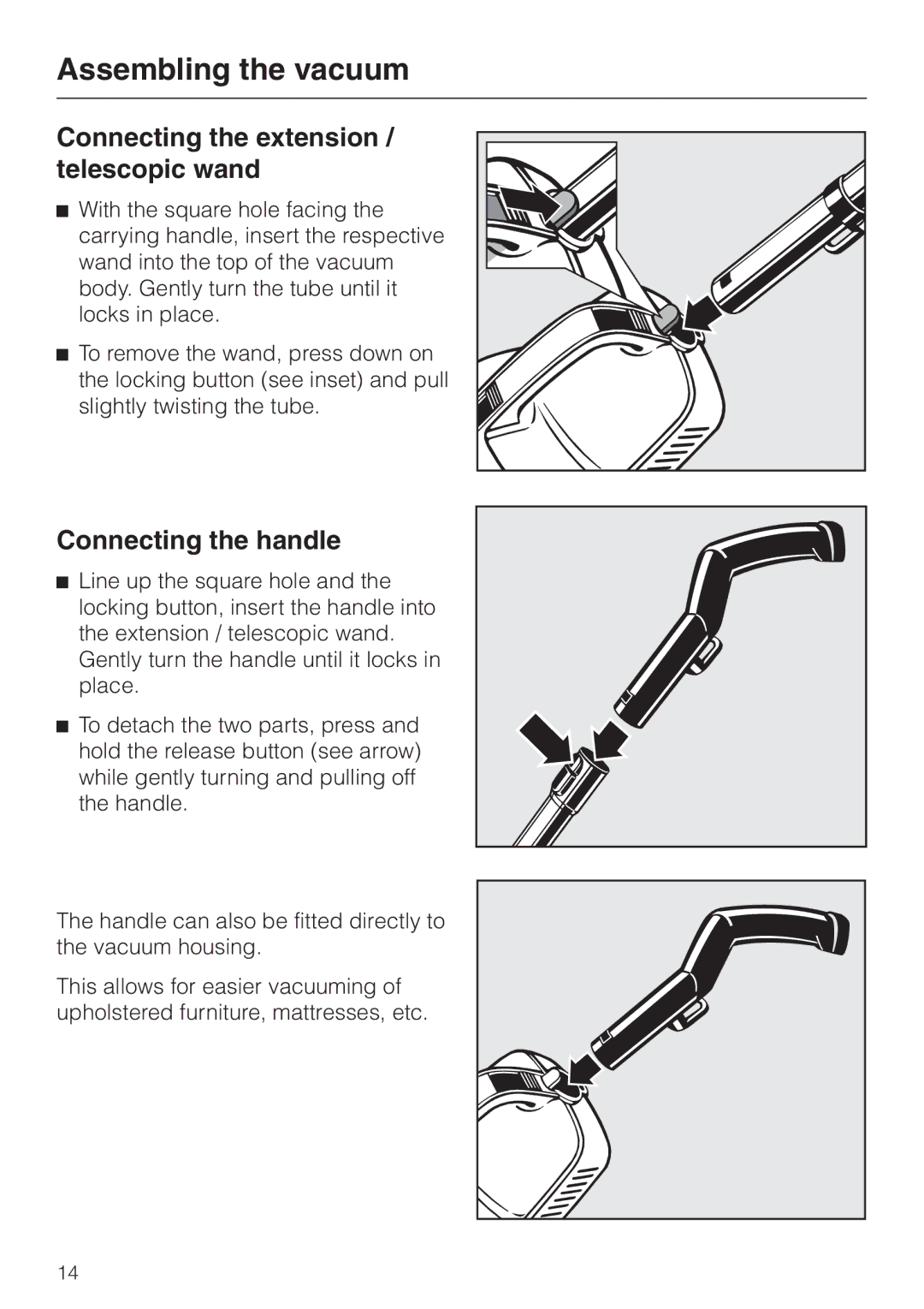 Miele S140, S160 manual Assembling the vacuum, Connecting the extension / telescopic wand, Connecting the handle 