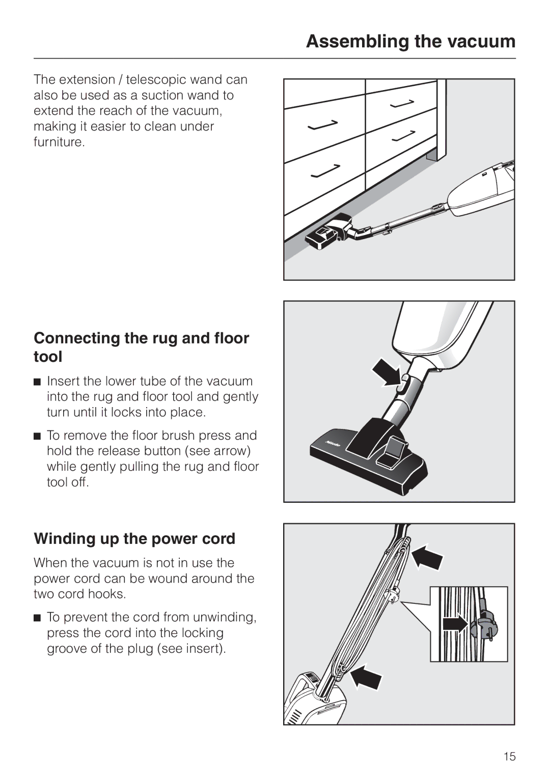 Miele S160, S140 manual Connecting the rug and floor tool, Winding up the power cord 