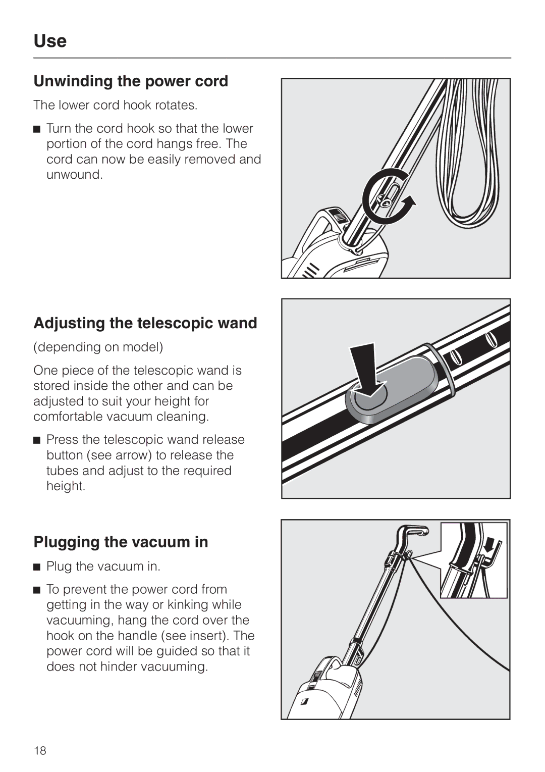 Miele S140, S160 manual Use, Unwinding the power cord, Adjusting the telescopic wand, Plugging the vacuum 