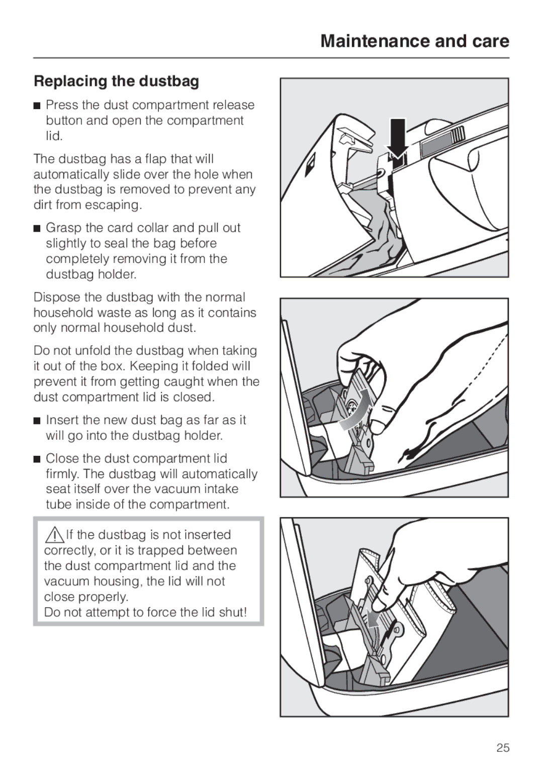 Miele S160, S140 manual Replacing the dustbag 