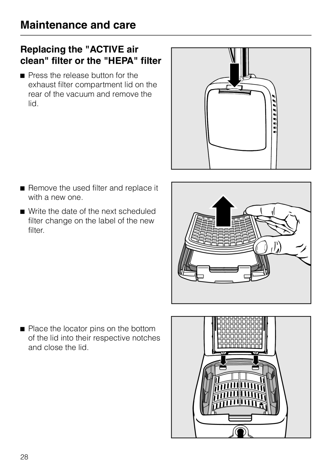 Miele S140, S160 manual Replacing the Active air clean filter or the Hepa filter 