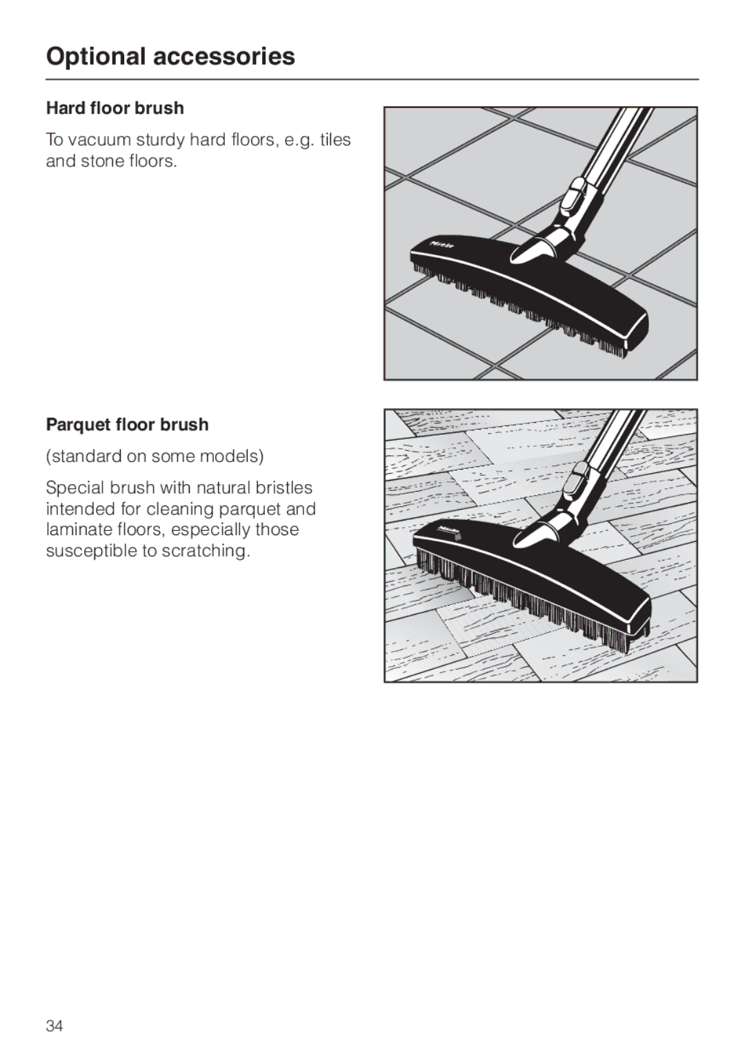 Miele S140, S160 manual Hard floor brush, Parquet floor brush 