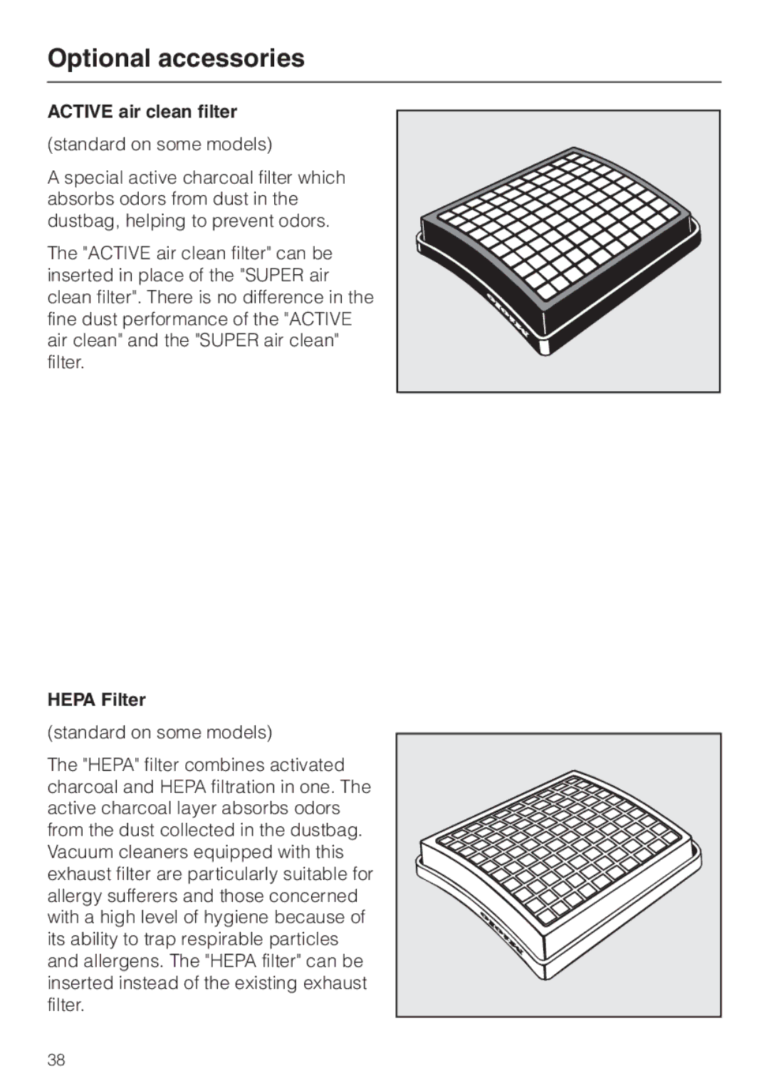 Miele S140, S160 manual Active air clean filter, Hepa Filter 