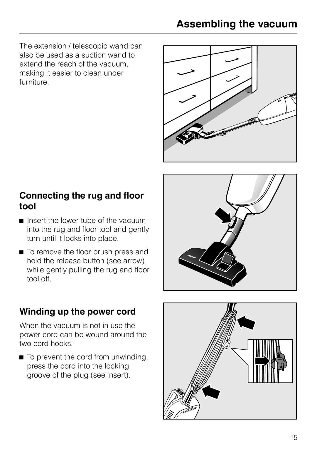 Miele S160, S140 manual Connecting the rug and floor tool, Winding up the power cord, Assembling the vacuum 