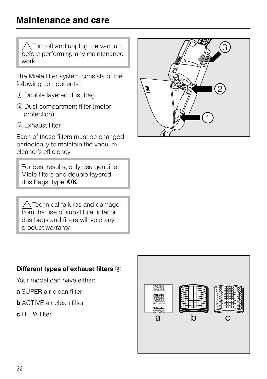 Miele S140, S160 manual Maintenance and care, Different types of exhaust filters c 