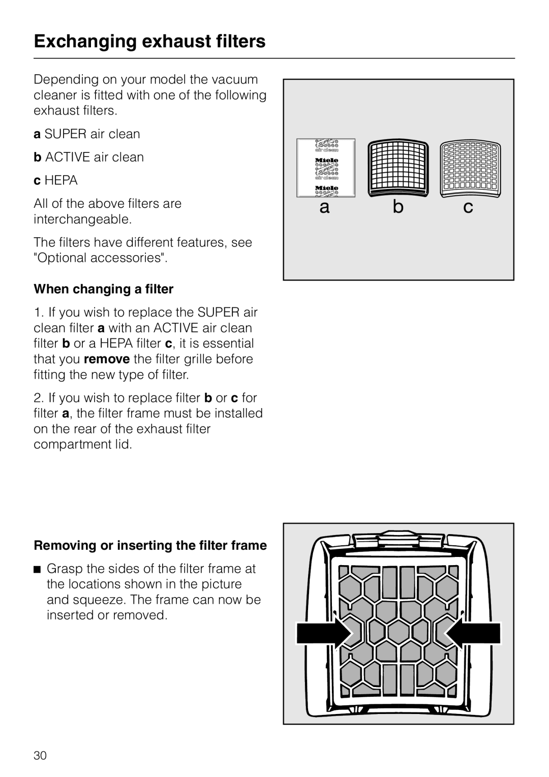Miele S140, S160 manual Exchanging exhaust filters, When changing a filter, Removing or inserting the filter frame 