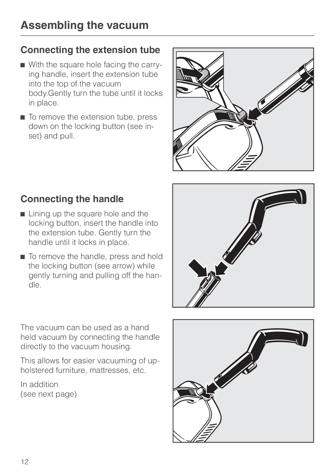 Miele S157 manual Assembling the vacuum, Connecting the extension tube, Connecting the handle 