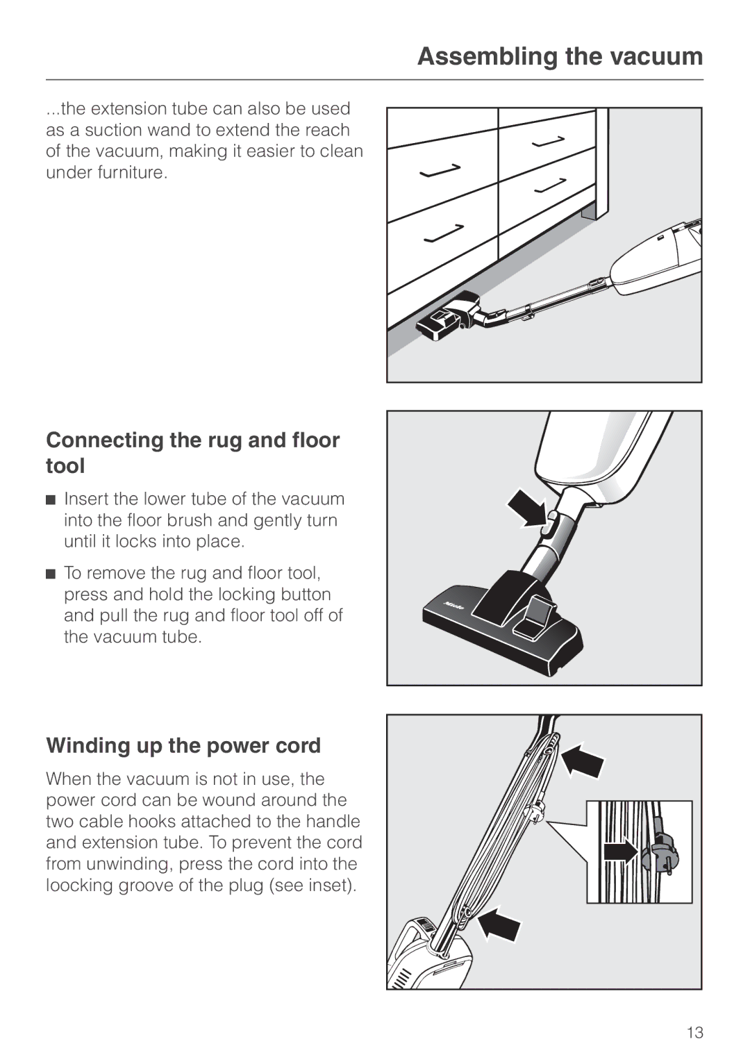 Miele S157 manual Connecting the rug and floor tool, Winding up the power cord 