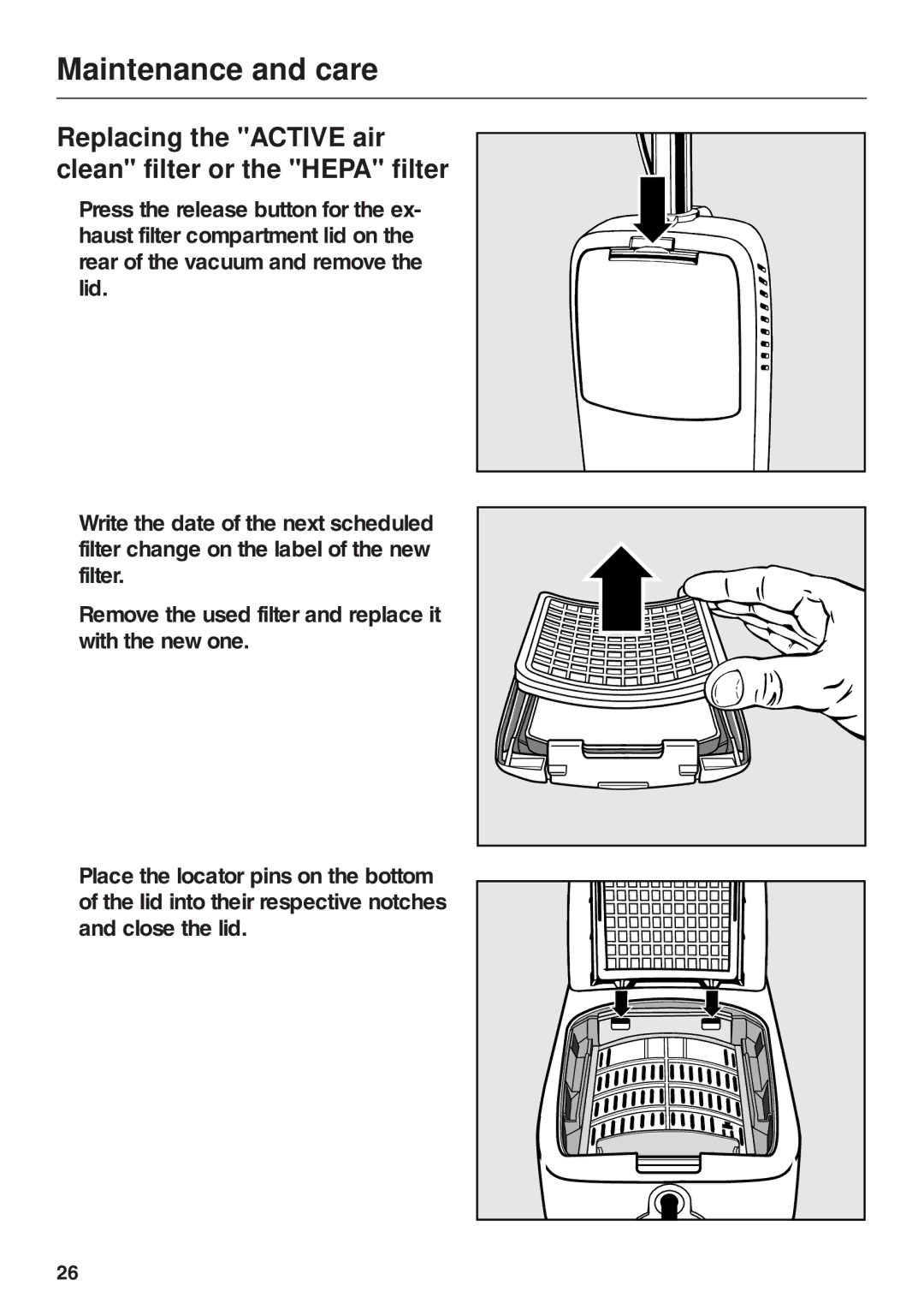 Miele S157 manual Replacing the Active air clean filter or the Hepa filter 