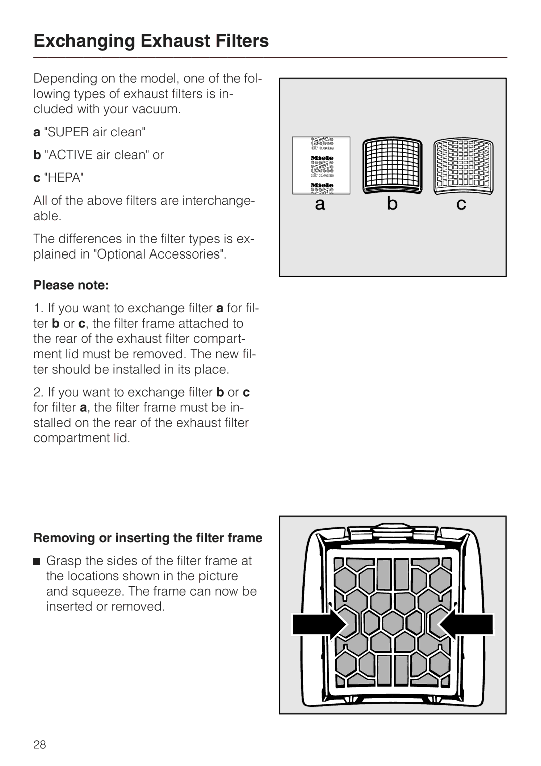 Miele S157 manual Exchanging Exhaust Filters, Removing or inserting the filter frame 