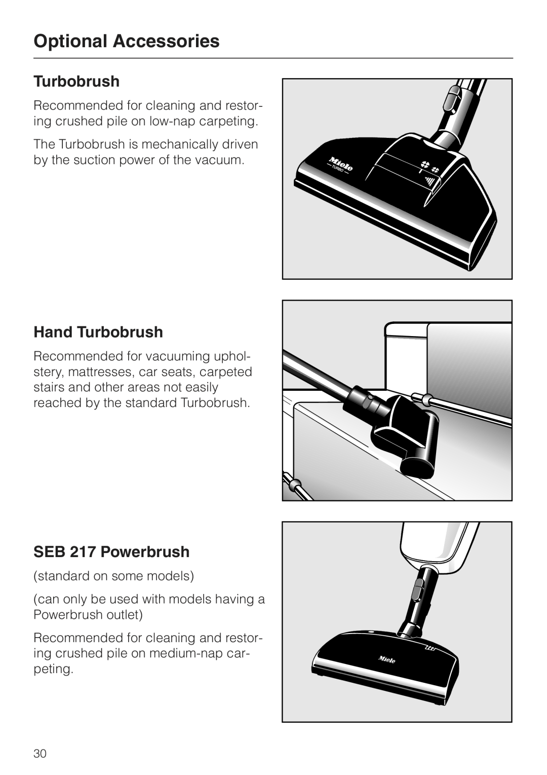 Miele S157 manual Optional Accessories, Hand Turbobrush, SEB 217 Powerbrush 