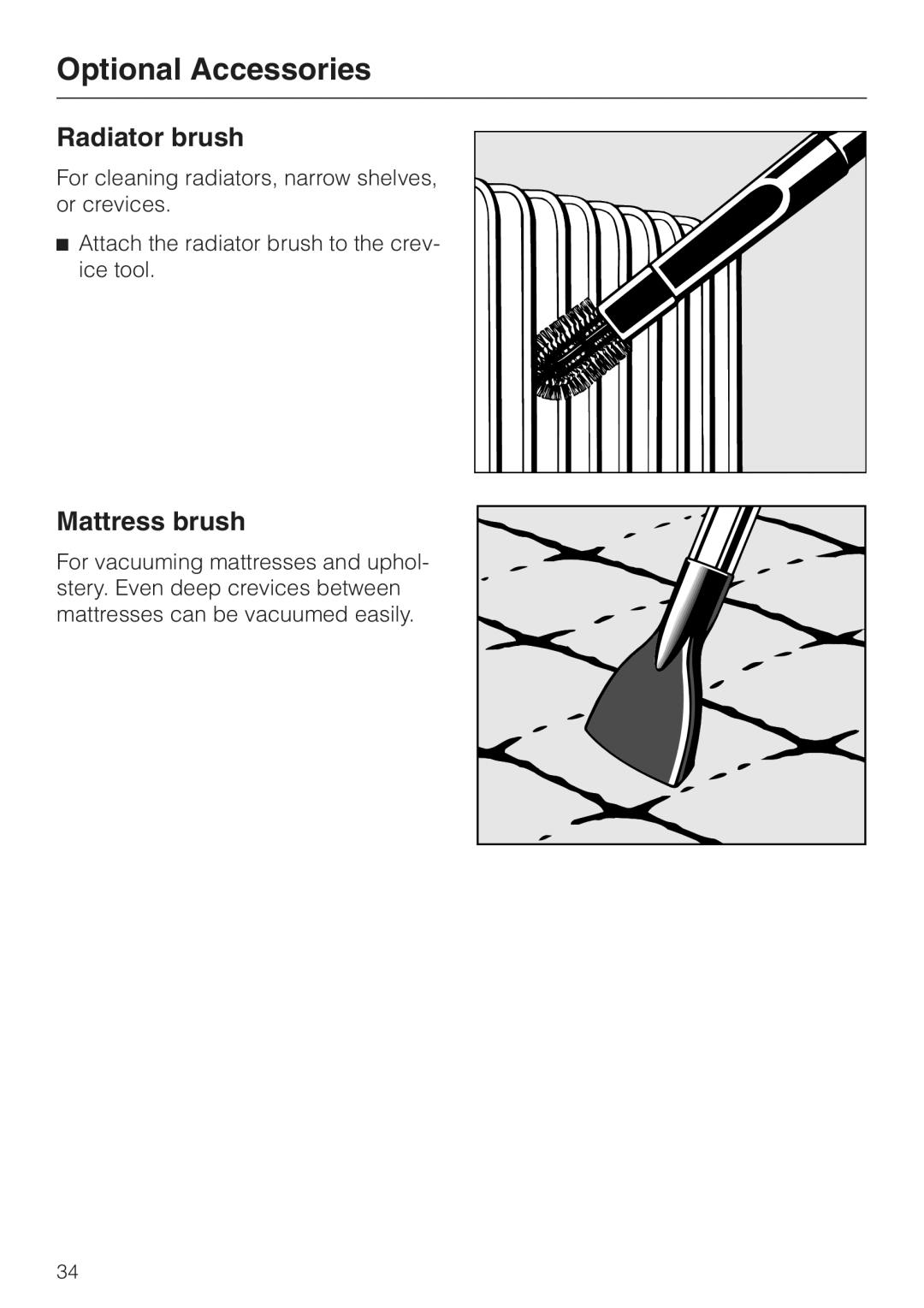Miele S157 manual Radiator brush, Mattress brush, Optional Accessories 