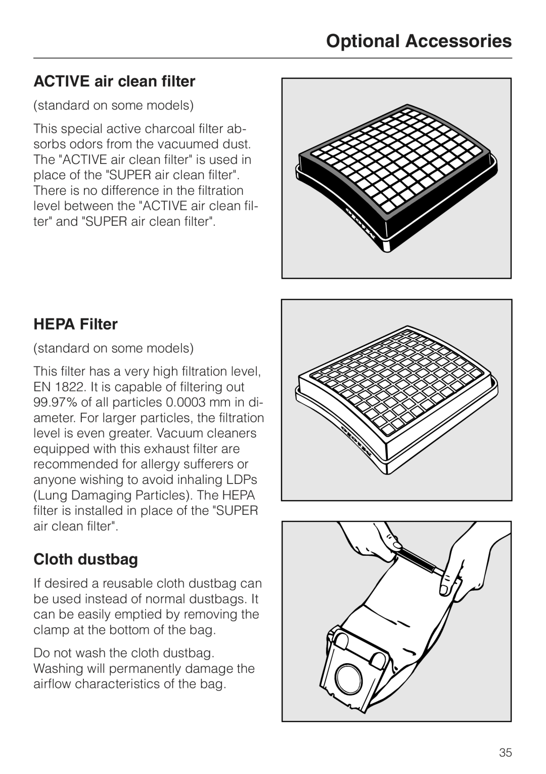 Miele S157 manual ACTIVE air clean filter, HEPA Filter, Cloth dustbag, Optional Accessories 