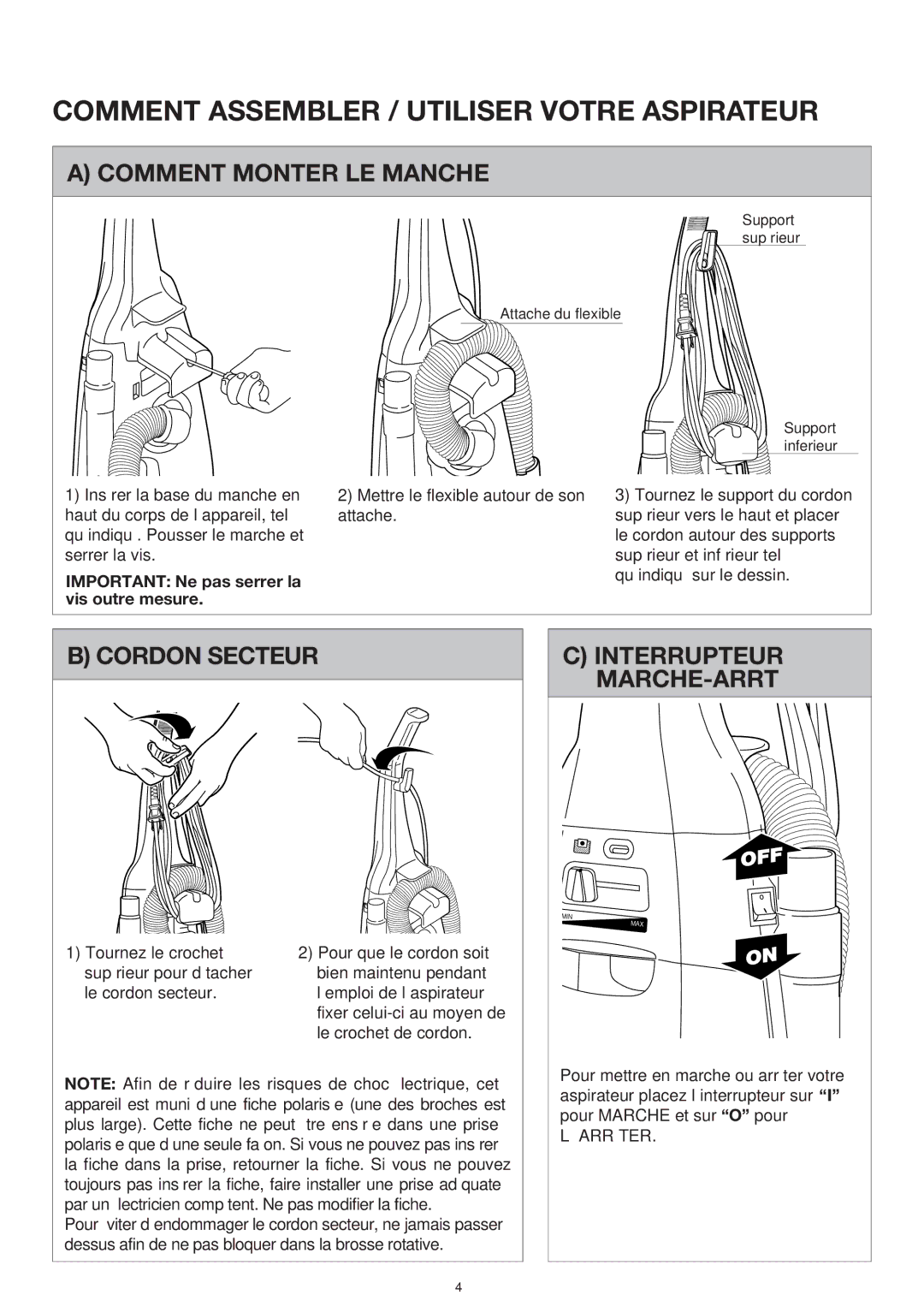 Miele S177i, S176i important safety instructions Comment Monter LE Manche, Cordon Secteur, Interrupteur MARCHE-ARRÊT 