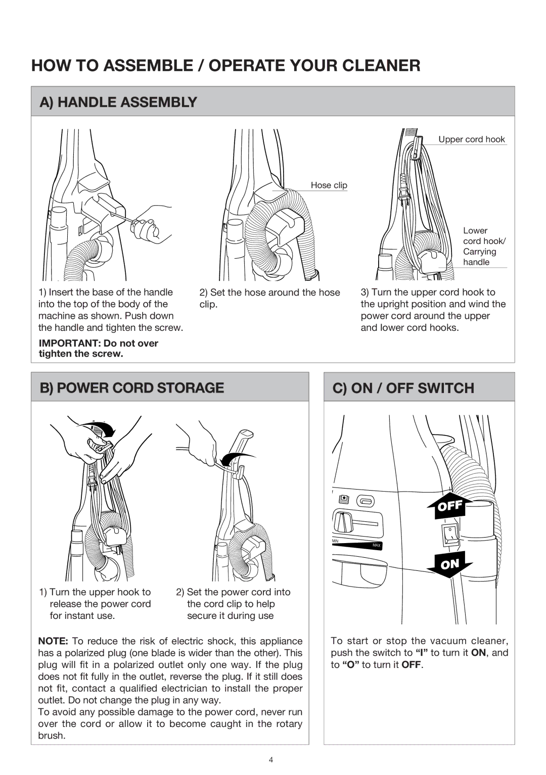 Miele S177i, S176i important safety instructions Handle Assembly, Power Cord Storage, On / OFF Switch 