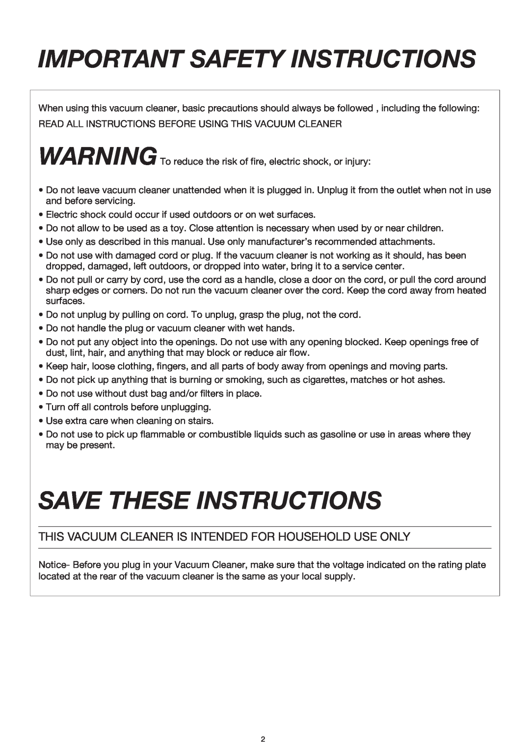 Miele S177i, S176i important safety instructions Important Safety Instructions, Save These Instructions 