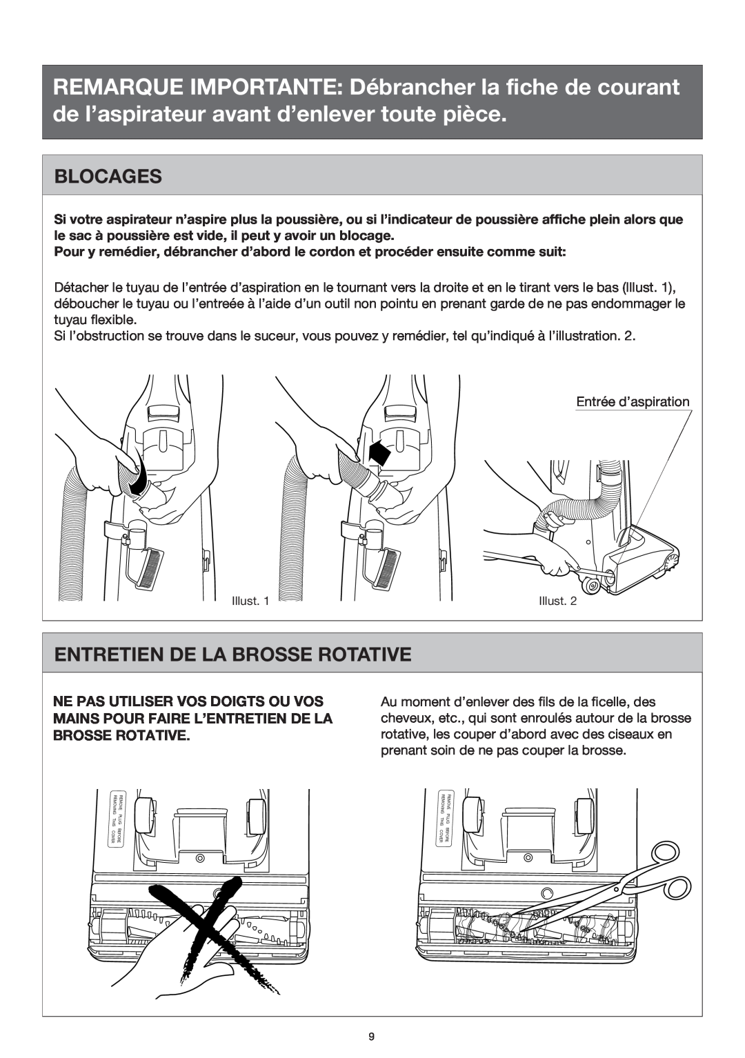 Miele S176i, S177i important safety instructions Blocages, Entretien De La Brosse Rotative 
