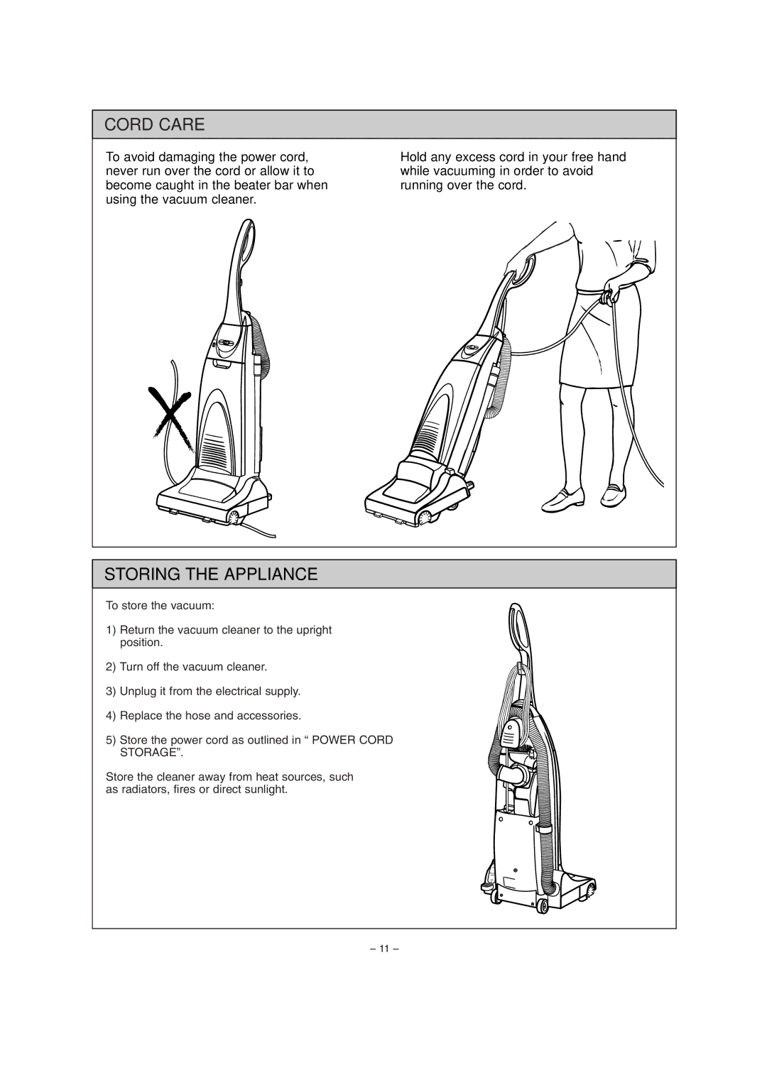 Miele S179i important safety instructions Cord Care, Storing the Appliance 