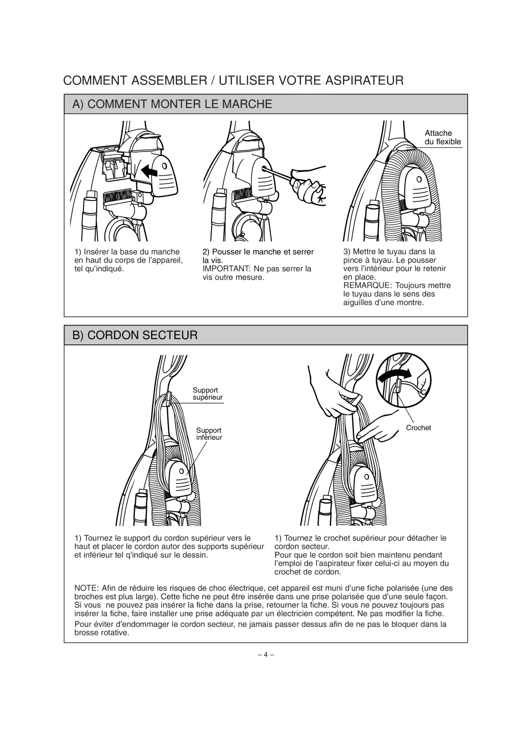 Miele S179i important safety instructions Comment Monter LE Marche, Cordon Secteur 