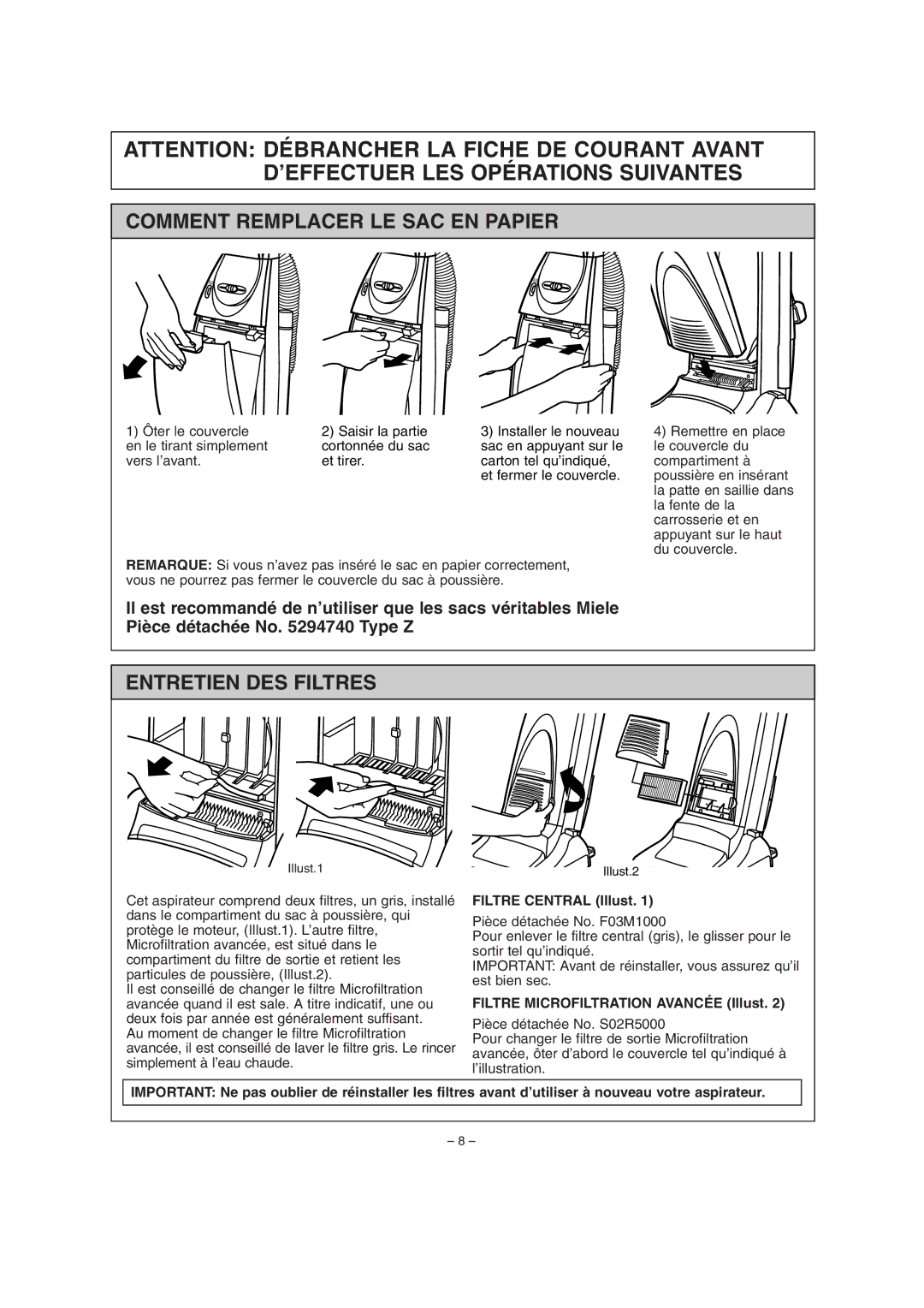 Miele S179i important safety instructions Comment Remplacer LE SAC EN Papier, Entretien DES Filtres, Filtre Central Illust 