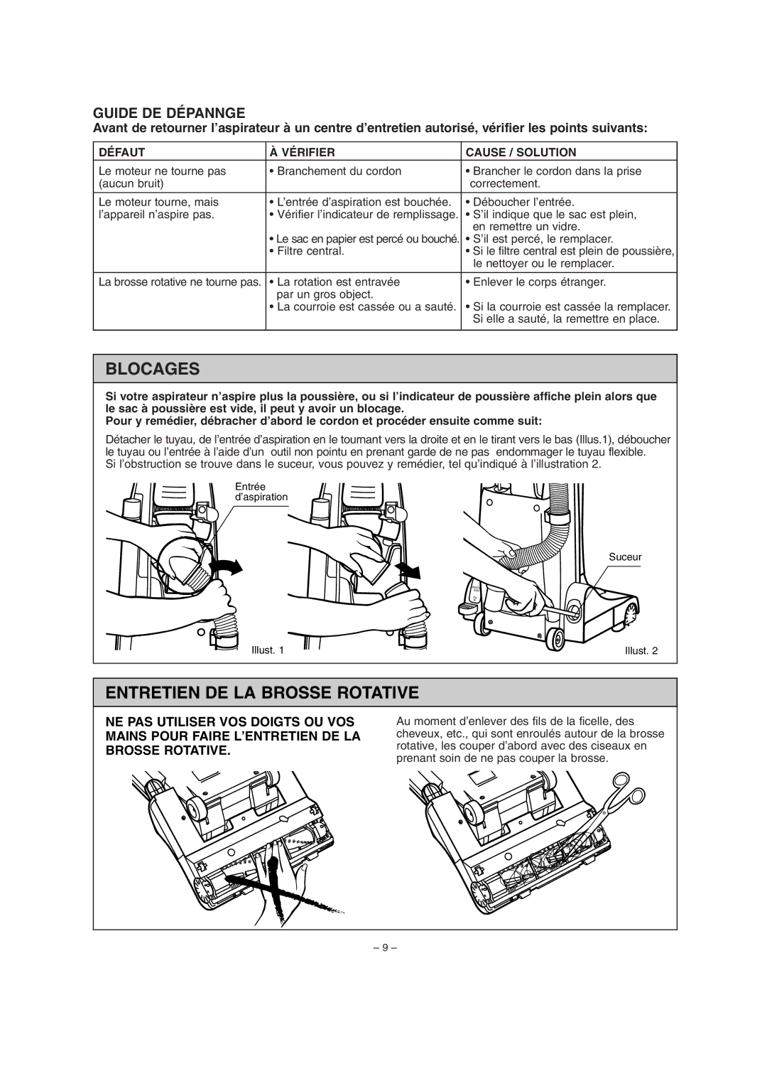 Miele S179i important safety instructions Blocages, Entretien DE LA Brosse Rotative, Défaut Vérifier Cause / Solution 