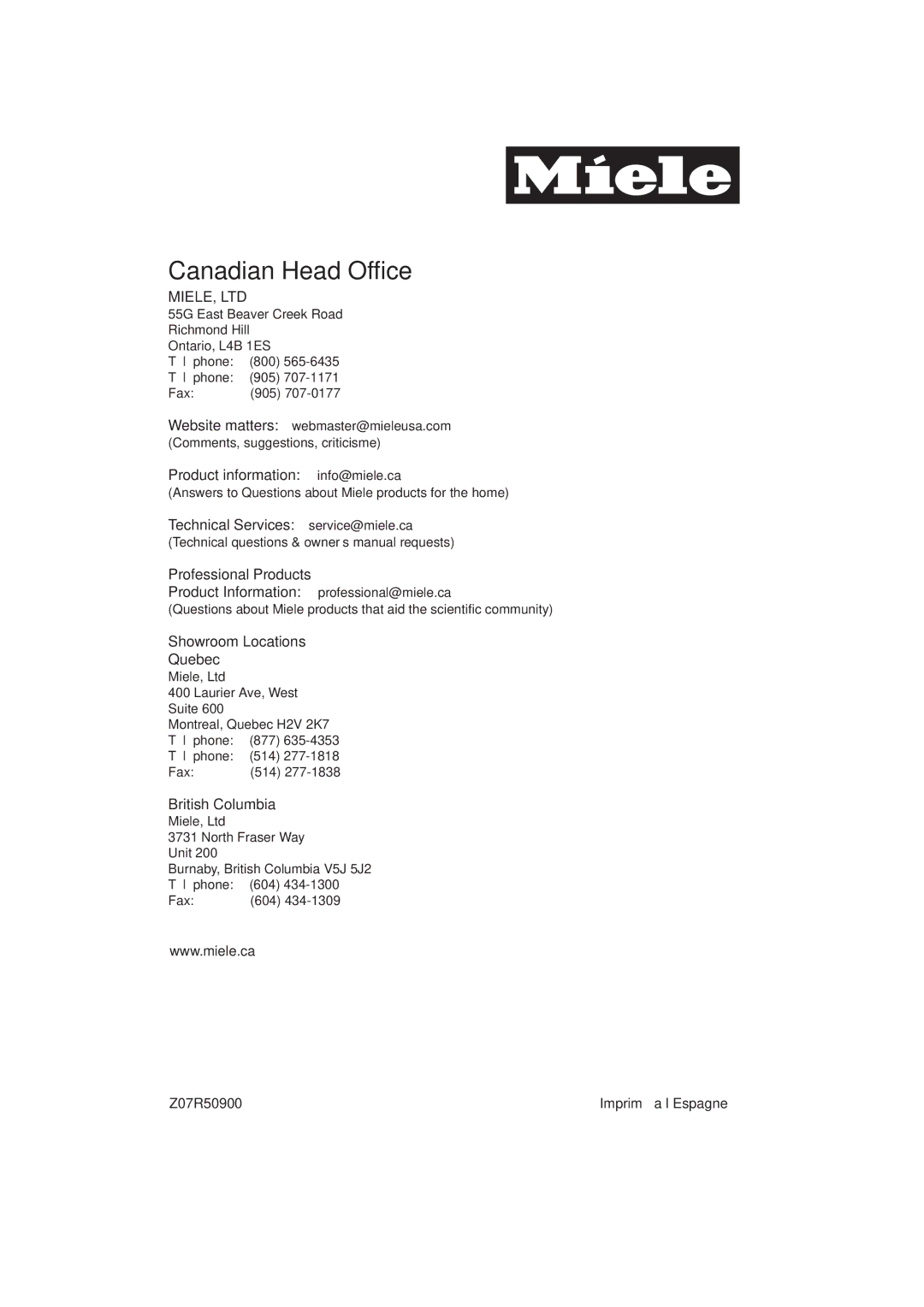 Miele S179i important safety instructions Product information info@miele.ca 