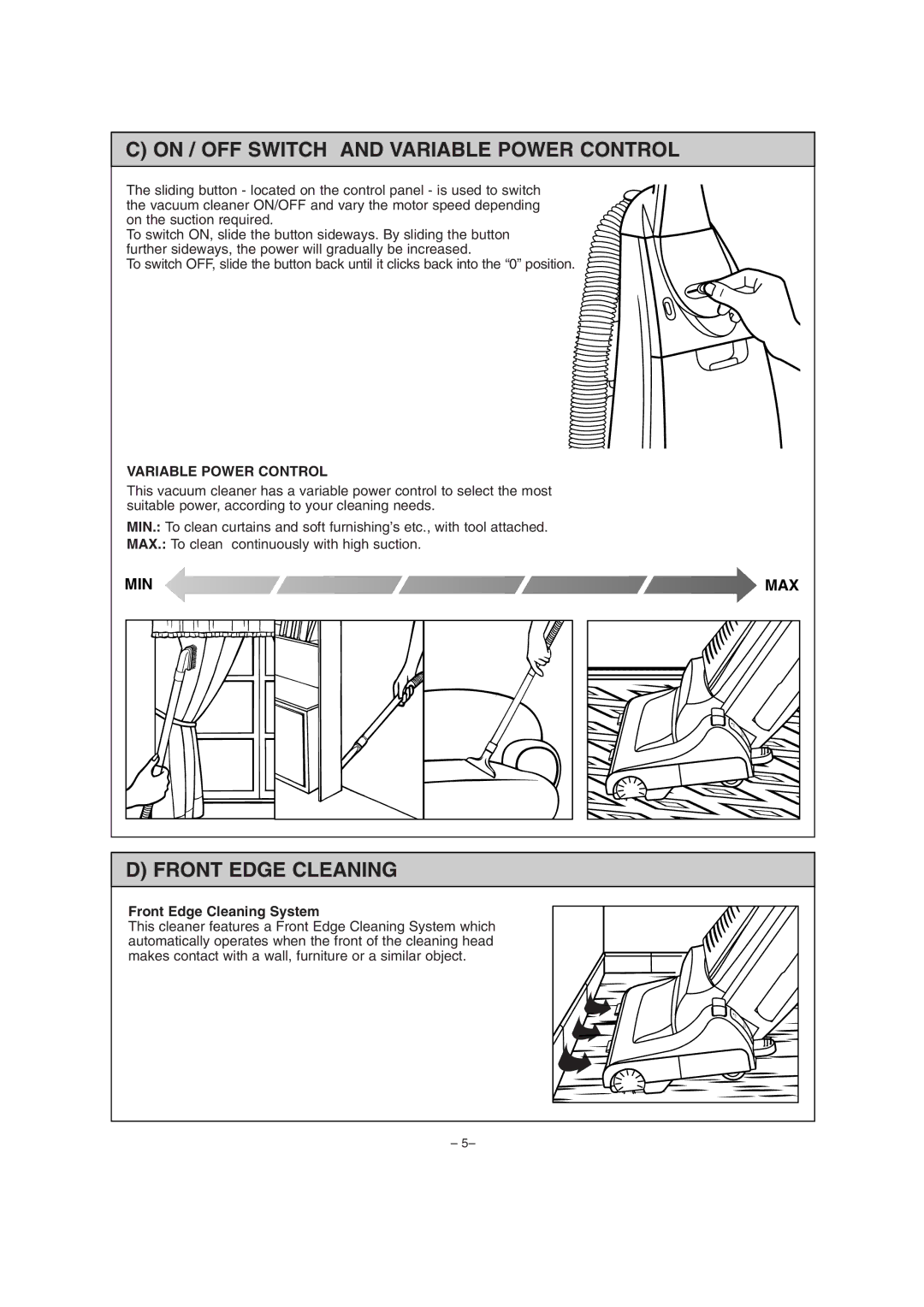 Miele S179i important safety instructions On / OFF Switch and Variable Power Control, Front Edge Cleaning System 