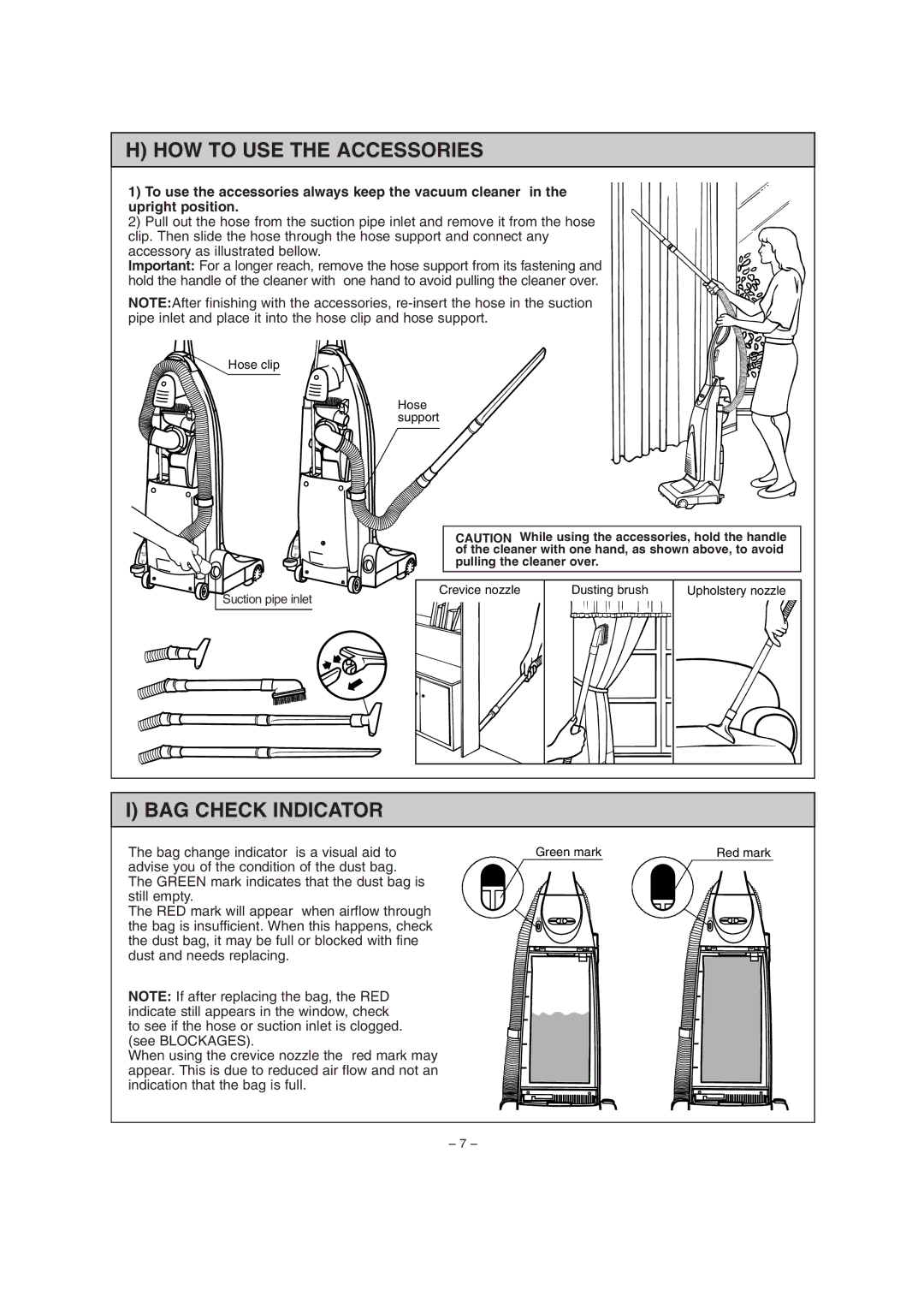 Miele S179i important safety instructions HOW to USE the Accessories, BAG Check Indicator 