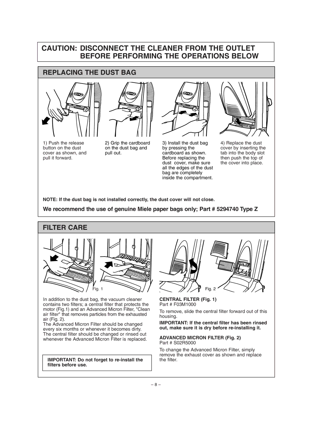 Miele S179i important safety instructions Replacing the Dust BAG, Filter Care 