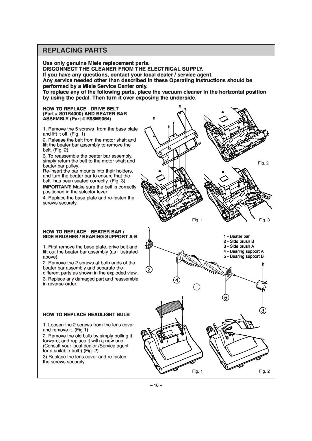Miele S179i important safety instructions Replacing Parts 