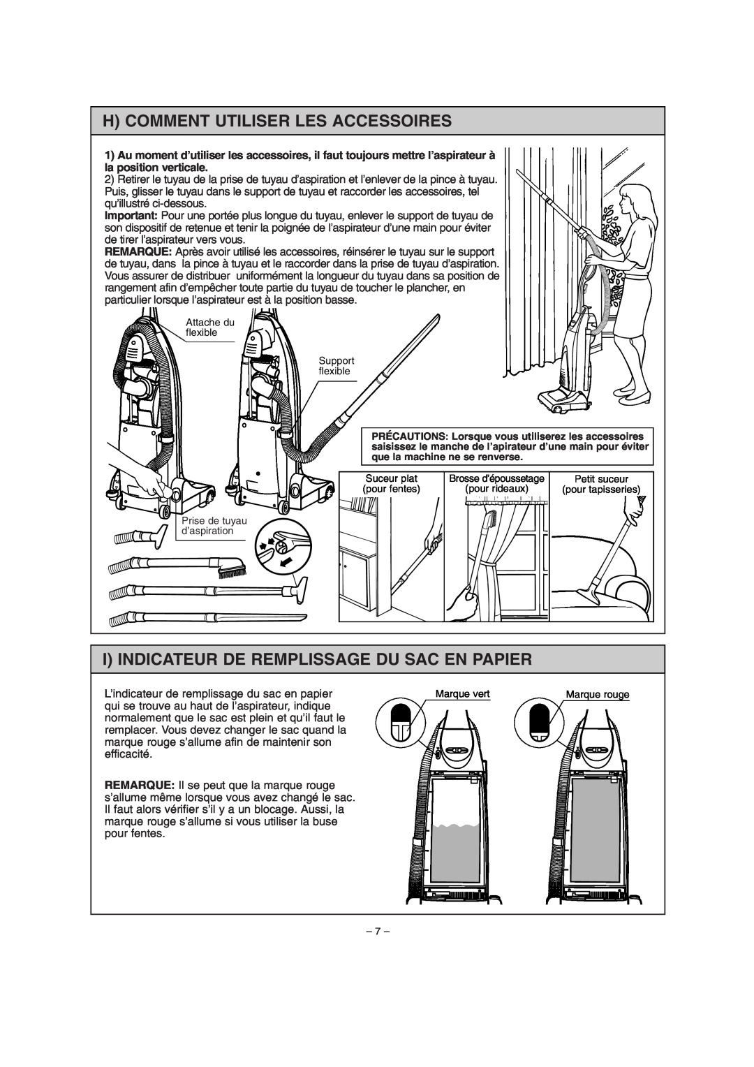 Miele S179i important safety instructions H Comment Utiliser Les Accessoires, I Indicateur De Remplissage Du Sac En Papier 