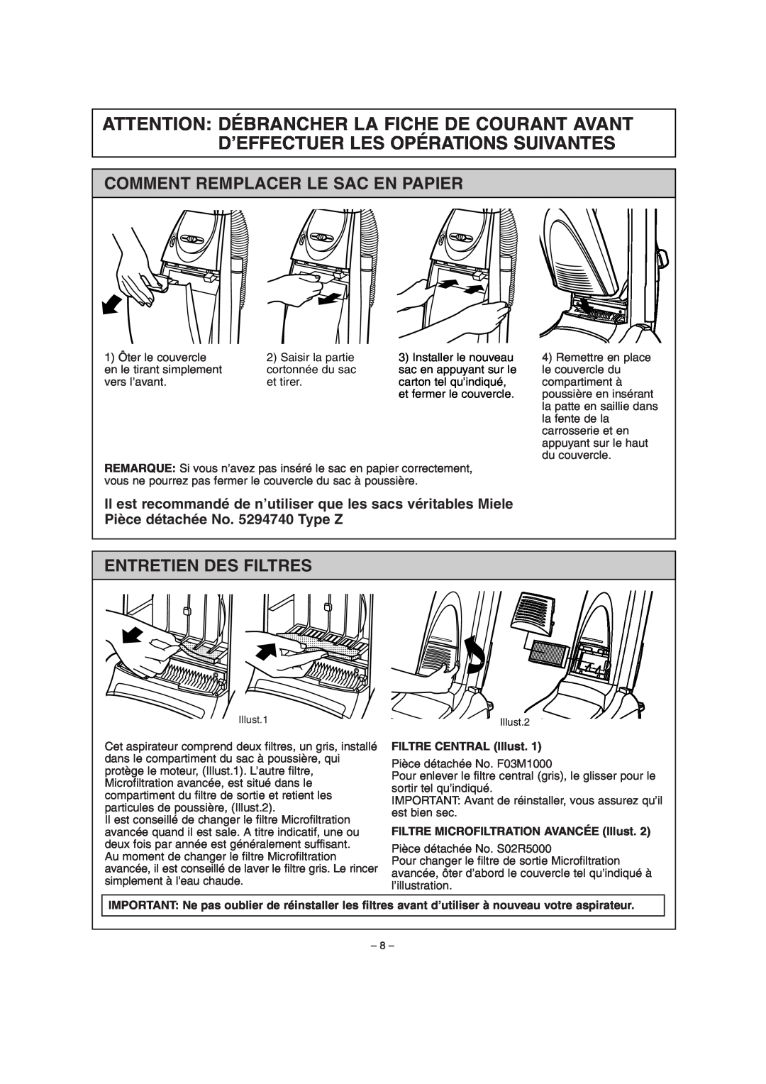 Miele S179i important safety instructions Comment Remplacer Le Sac En Papier, Entretien Des Filtres, FILTRE CENTRAL Illust 