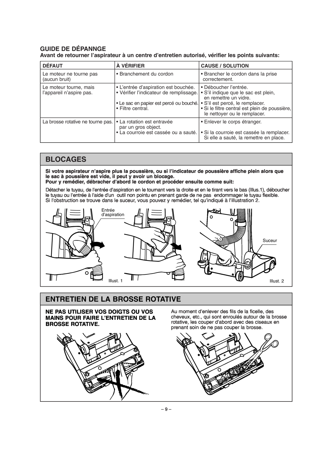 Miele S179i important safety instructions Blocages, Entretien De La Brosse Rotative, Guide De Dépannge 