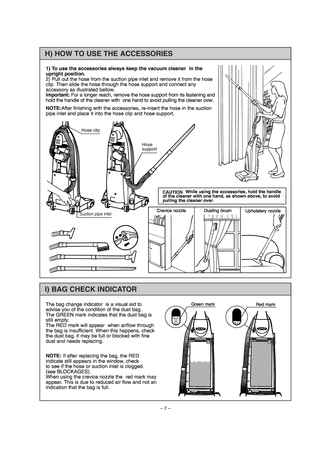 Miele S179i important safety instructions H How To Use The Accessories, I Bag Check Indicator 
