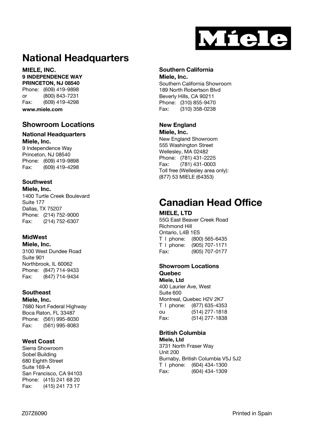 Miele S184 National Headquarters Miele, Inc, Southwest Miele, Inc, MidWest Miele, Inc, Southeast Miele, Inc, West Coast 