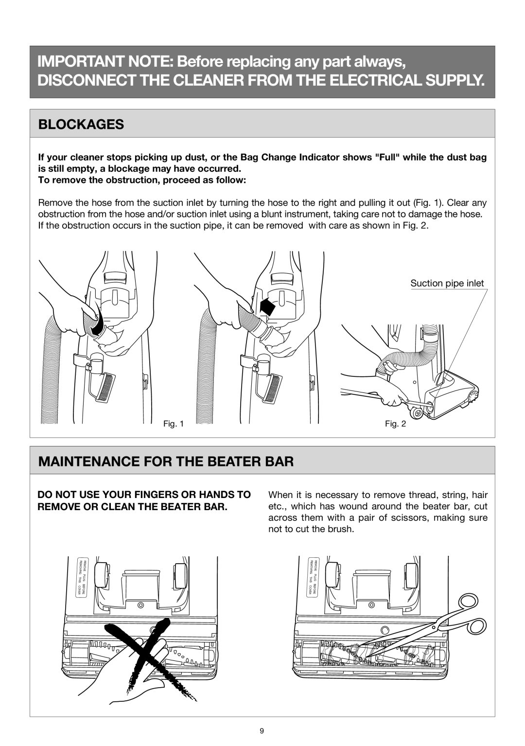 Miele S183, S184 important safety instructions Blockages, Maintenance for the Beater BAR 