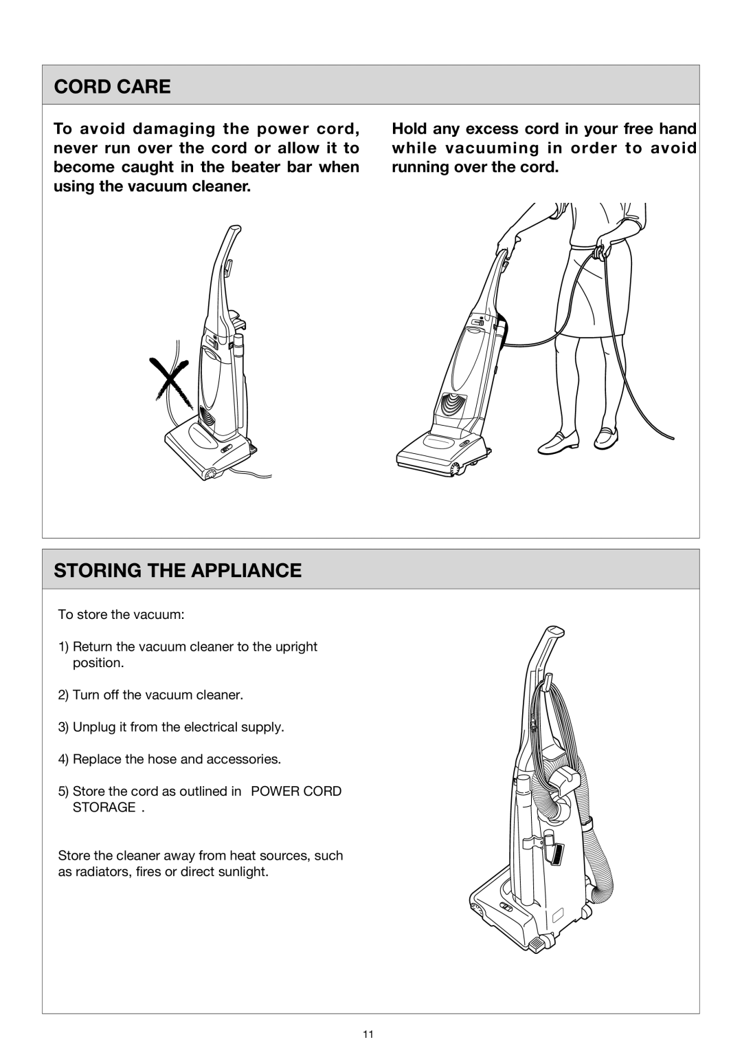 Miele S183, S184 important safety instructions Cord Care, Storing the Appliance 