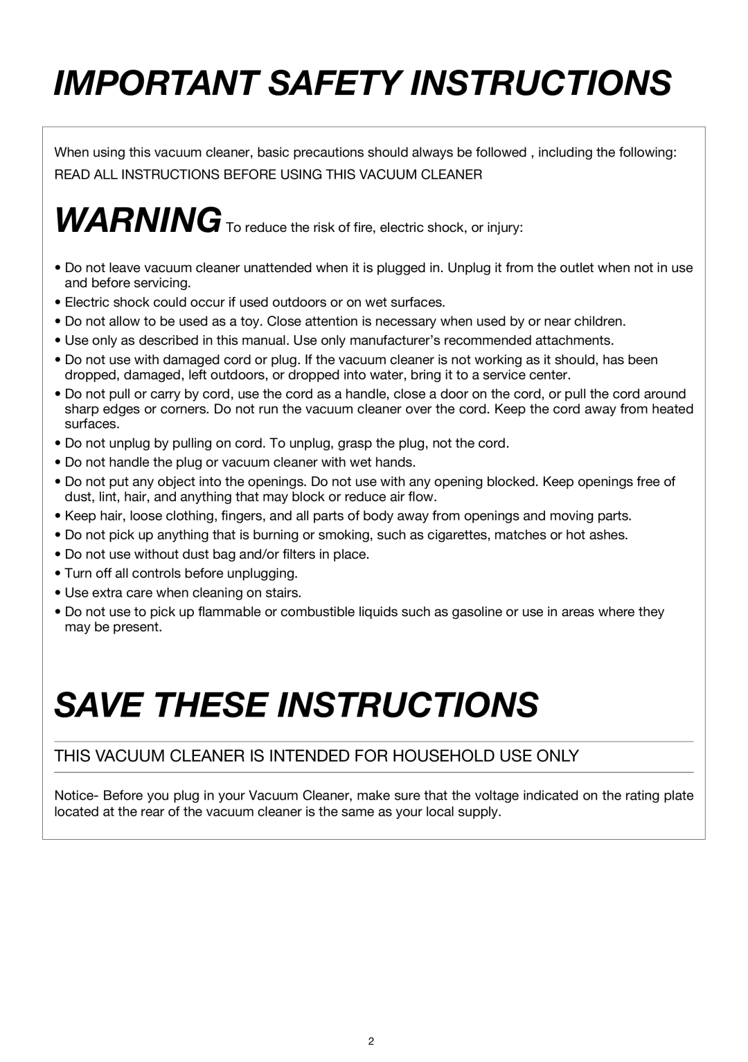 Miele S184, S183 important safety instructions Important Safety Instructions 