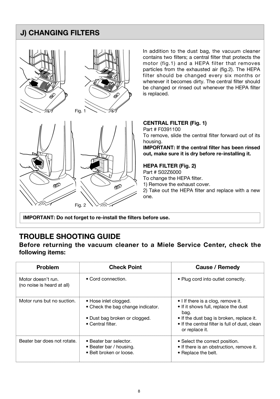 Miele S184, S183 important safety instructions Changing Filters, Trouble Shooting Guide, Central Filter Fig, Hepa Filter Fig 