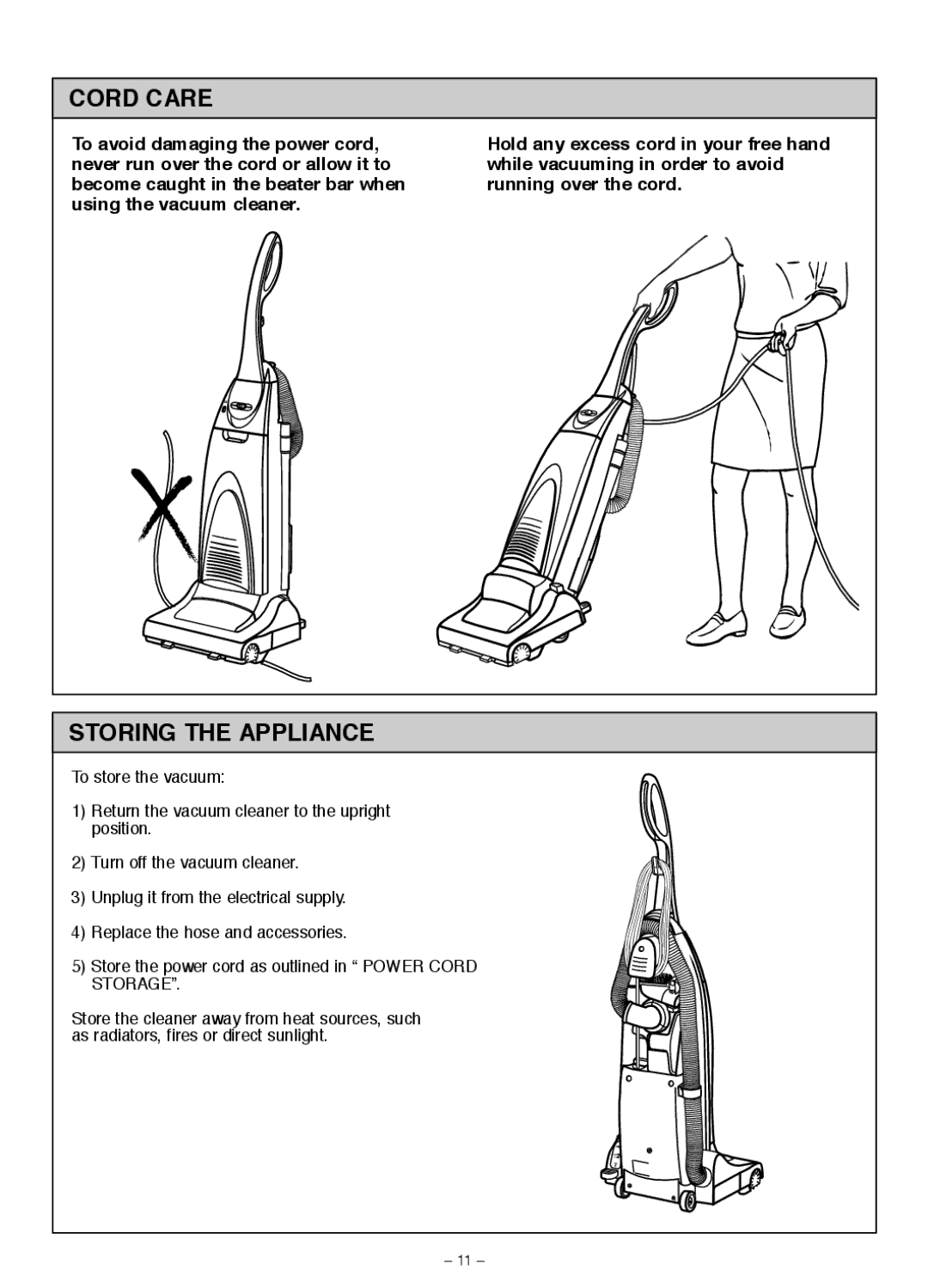 Miele S185 important safety instructions Cord Care, Storing the Appliance 