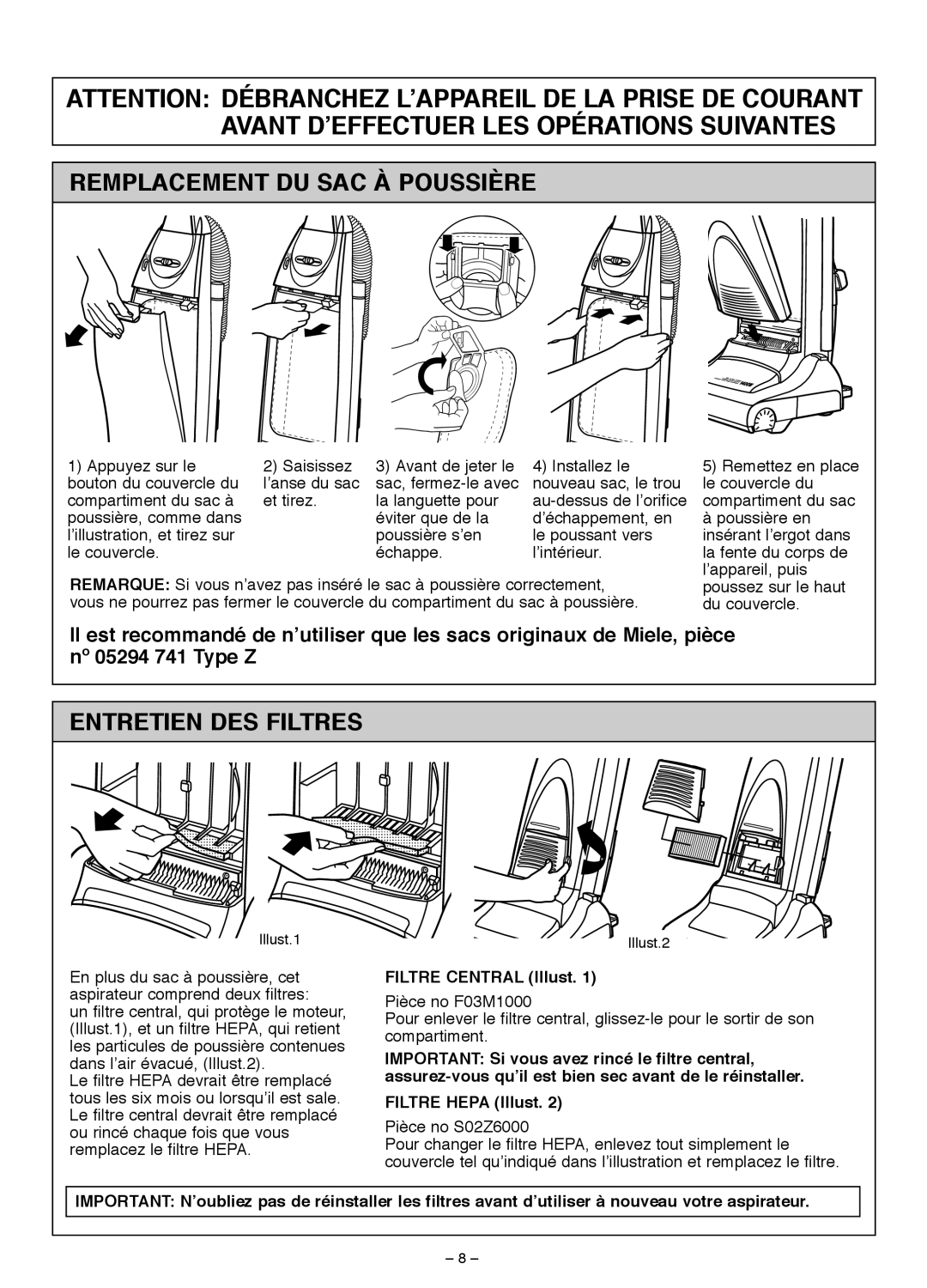 Miele S185 important safety instructions Remplacement DU SAC À Poussière, Entretien DES Filtres, Filtre Central Illust 