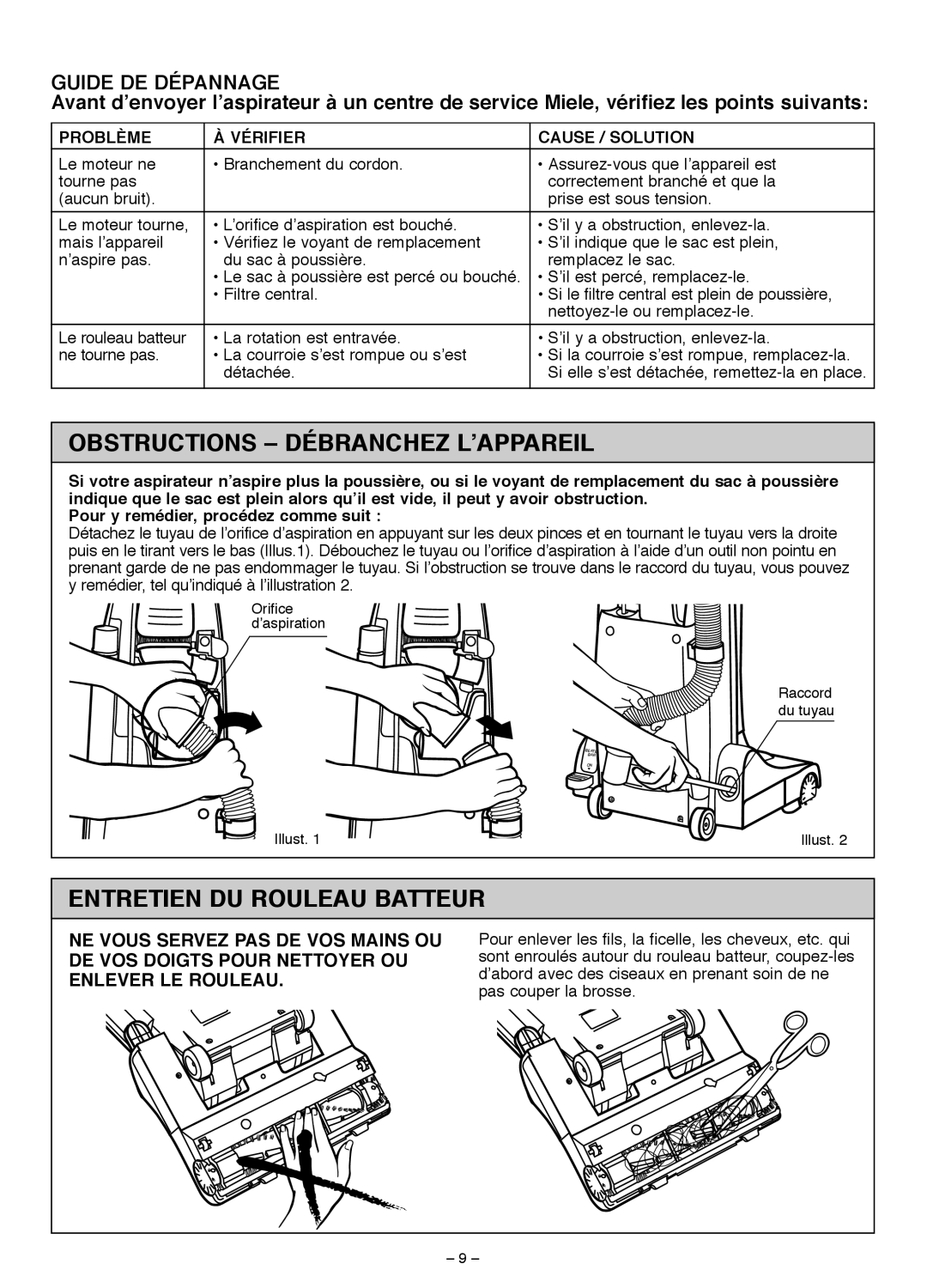 Miele S185 Obstructions Débranchez L’APPAREIL, Entretien DU Rouleau Batteur, Problème Vérifier Cause / Solution 