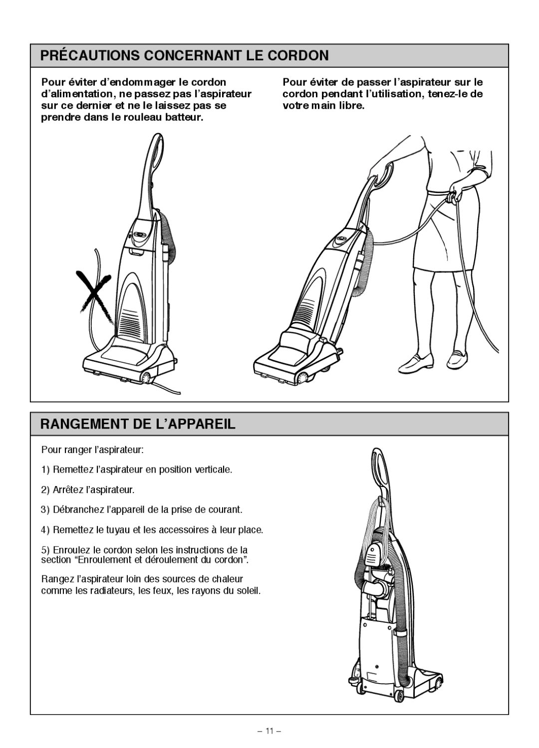 Miele S185 important safety instructions Précautions Concernant LE Cordon, Rangement DE L’APPAREIL 