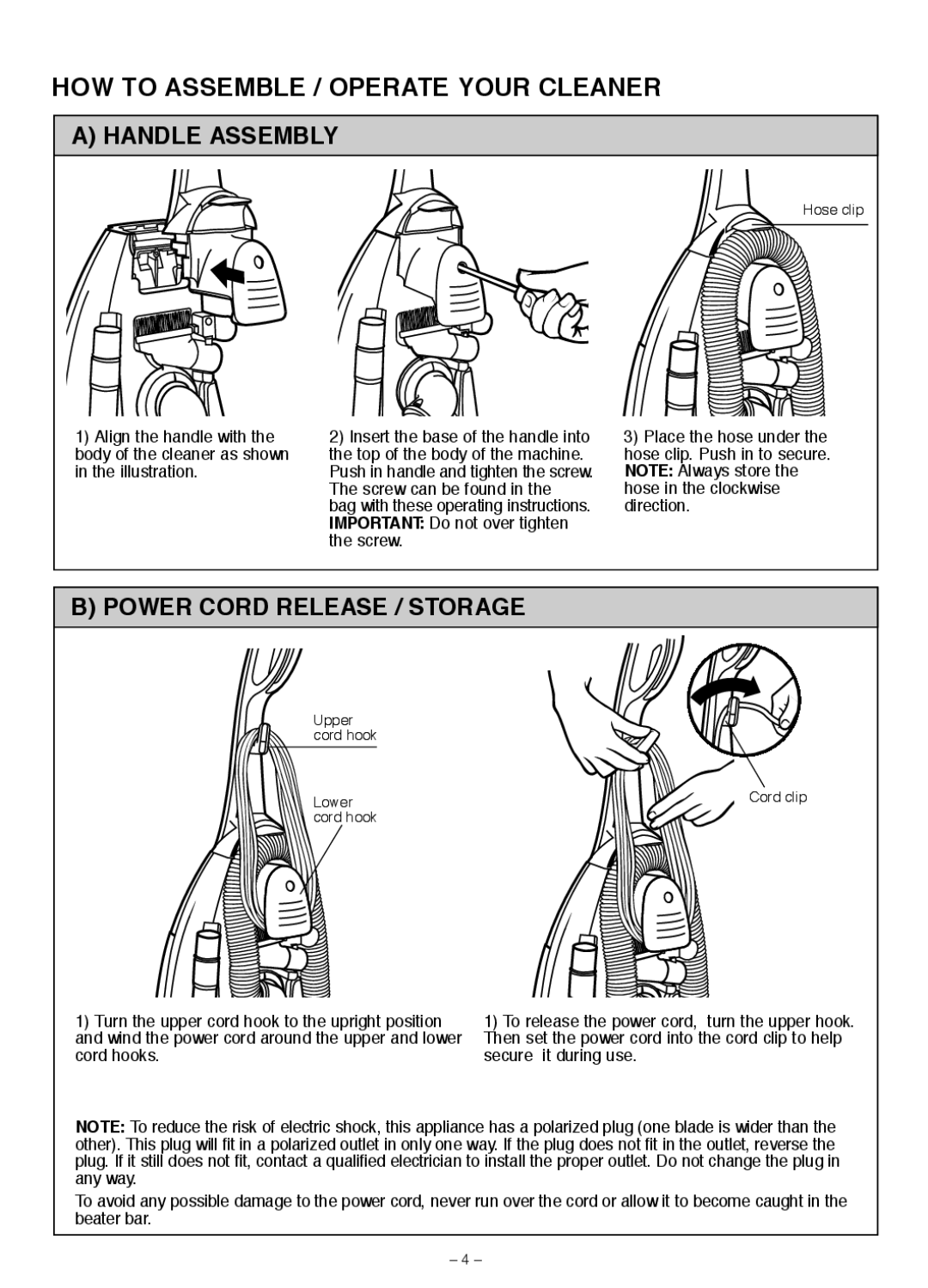 Miele S185 important safety instructions Handle Assembly, Power Cord Release / Storage 