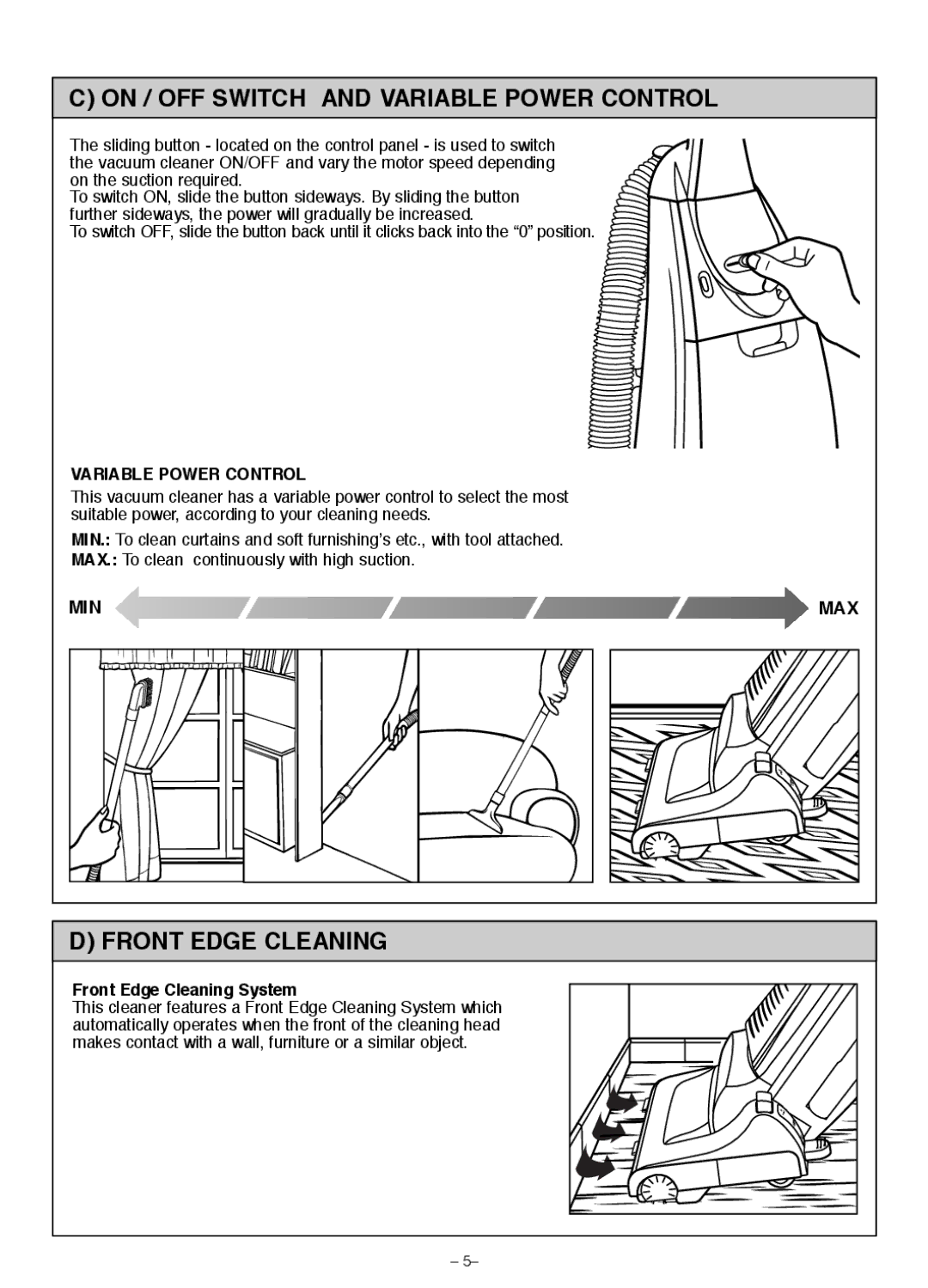 Miele S185 important safety instructions On / OFF Switch and Variable Power Control, Front Edge Cleaning System 